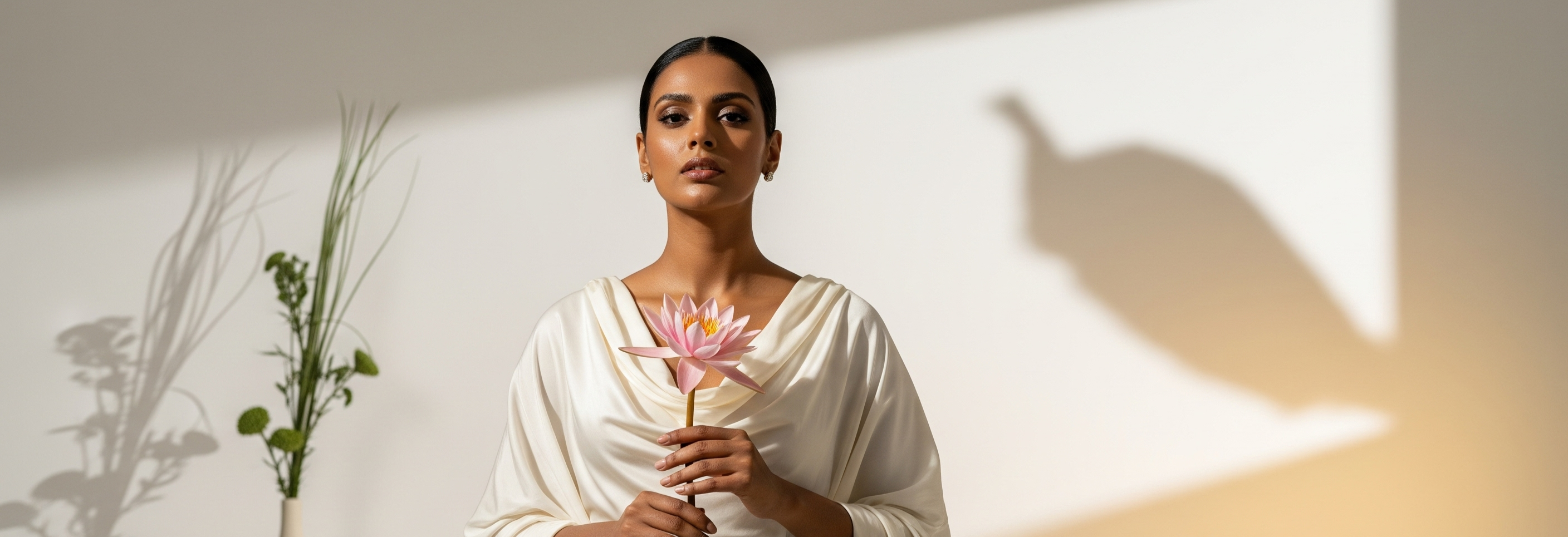 Woman in a white dress holding a flower with 'Embrace Authentic Beauty' text on a light background