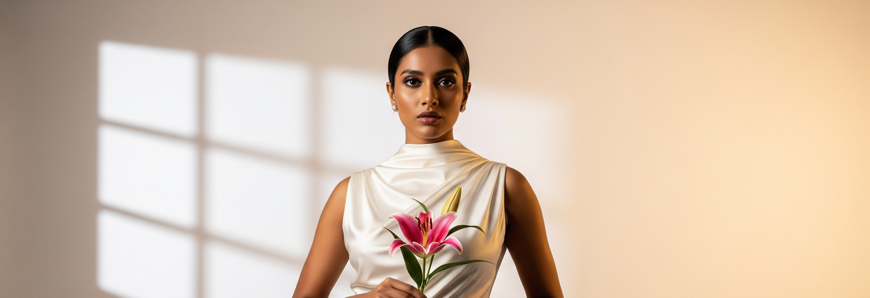 Woman in a white saree holding a pink flower against a neutral background